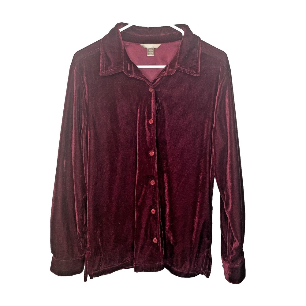 WHITE STAG Velvet Button Shirt Womens Large Burgundy Long Sleeve Holiday Stretch